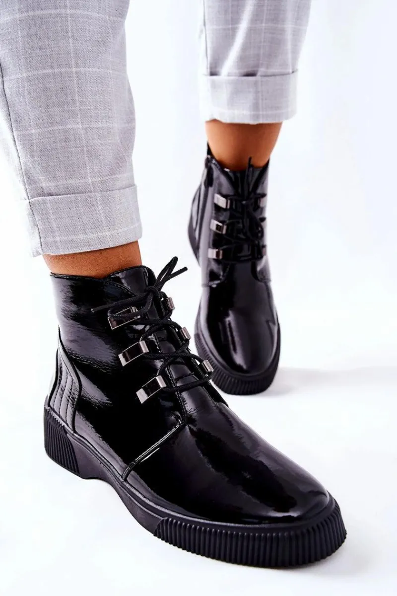 Clearance Botki Workery Lakierowane Na Suwak Czarne Vica Damskie Botki Sznurowane|Czarne Botki