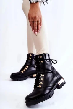 Sale Botki Workery Lewski Shoes 3243 Czarne Damskie Botki Skórzane|Botki Sznurowane