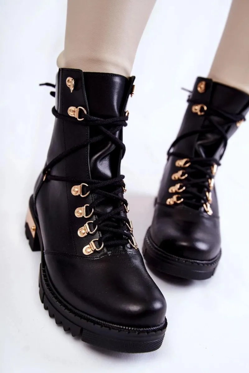 Sale Botki Workery Lewski Shoes 3243 Czarne Damskie Botki Skórzane|Botki Sznurowane