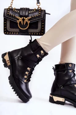 Sale Botki Workery Lewski Shoes 3243 Czarne Damskie Botki Skórzane|Botki Sznurowane