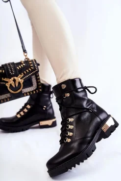 Sale Botki Workery Lewski Shoes 3243 Czarne Damskie Botki Skórzane|Botki Sznurowane