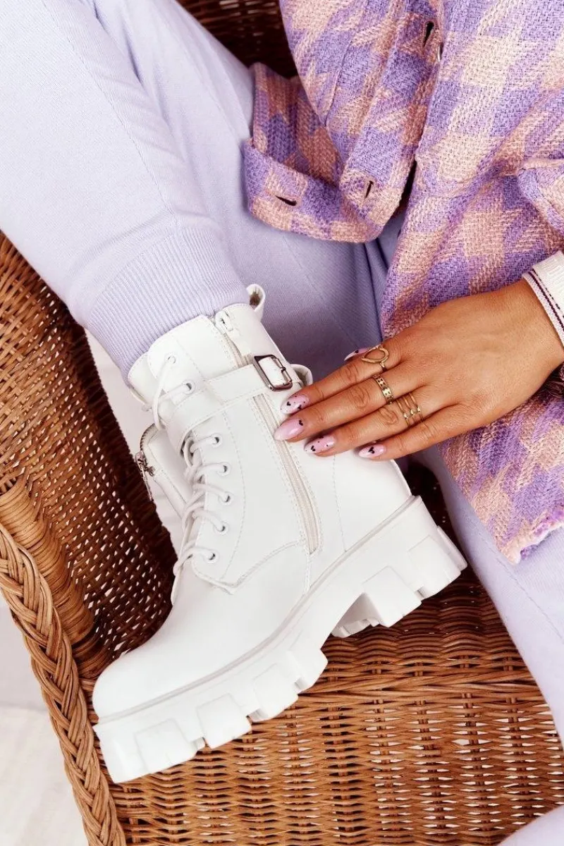 Sale Boto Botki Workery Na Platformie z Nerką Białe Saturday