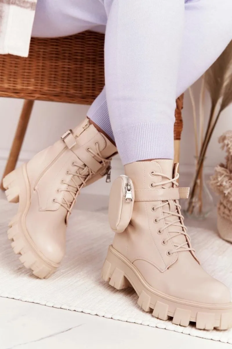 Clearance Botki Workery Na Platformie z Nerką Beżowe Saturday Damskie Damskie Trapery|Botki Sznurowane