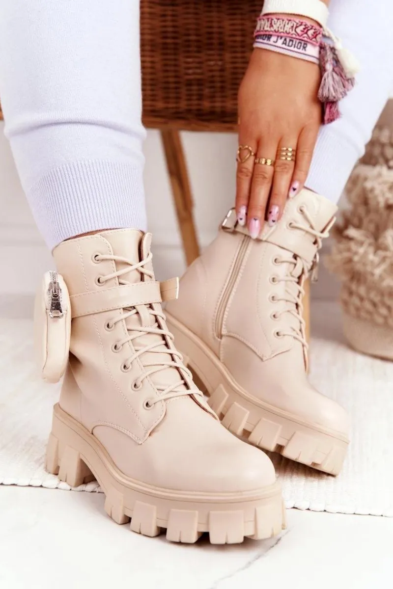 Clearance Botki Workery Na Platformie z Nerką Beżowe Saturday Damskie Damskie Trapery|Botki Sznurowane