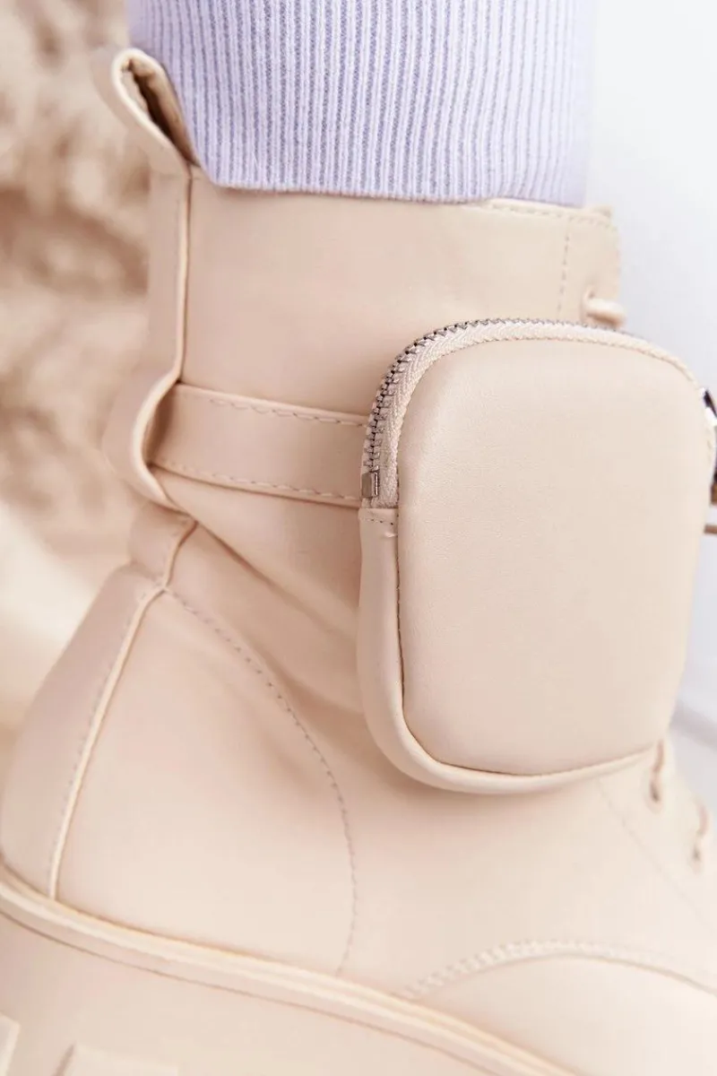 Clearance Botki Workery Na Platformie z Nerką Beżowe Saturday Damskie Damskie Trapery|Botki Sznurowane