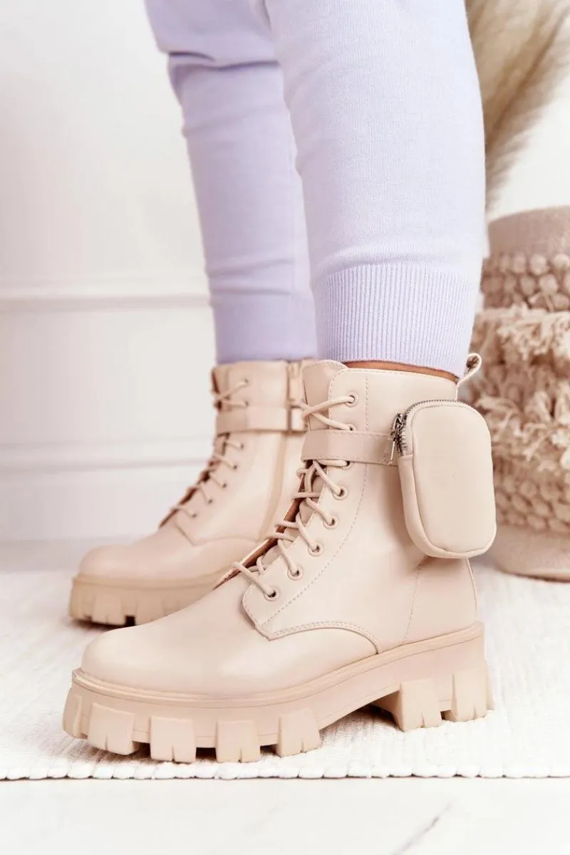 Clearance Botki Workery Na Platformie z Nerką Beżowe Saturday Damskie Damskie Trapery|Botki Sznurowane
