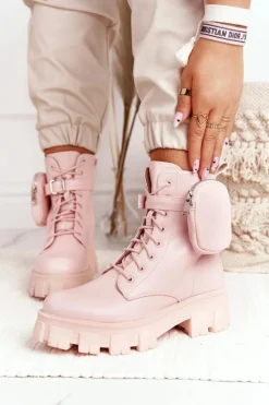 Hot Botki Workery Na Platformie z Nerką Różowe Saturday Damskie Botki Wiosenne|Damskie Trapery