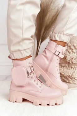 Hot Botki Workery Na Platformie z Nerką Różowe Saturday Damskie Botki Wiosenne|Damskie Trapery