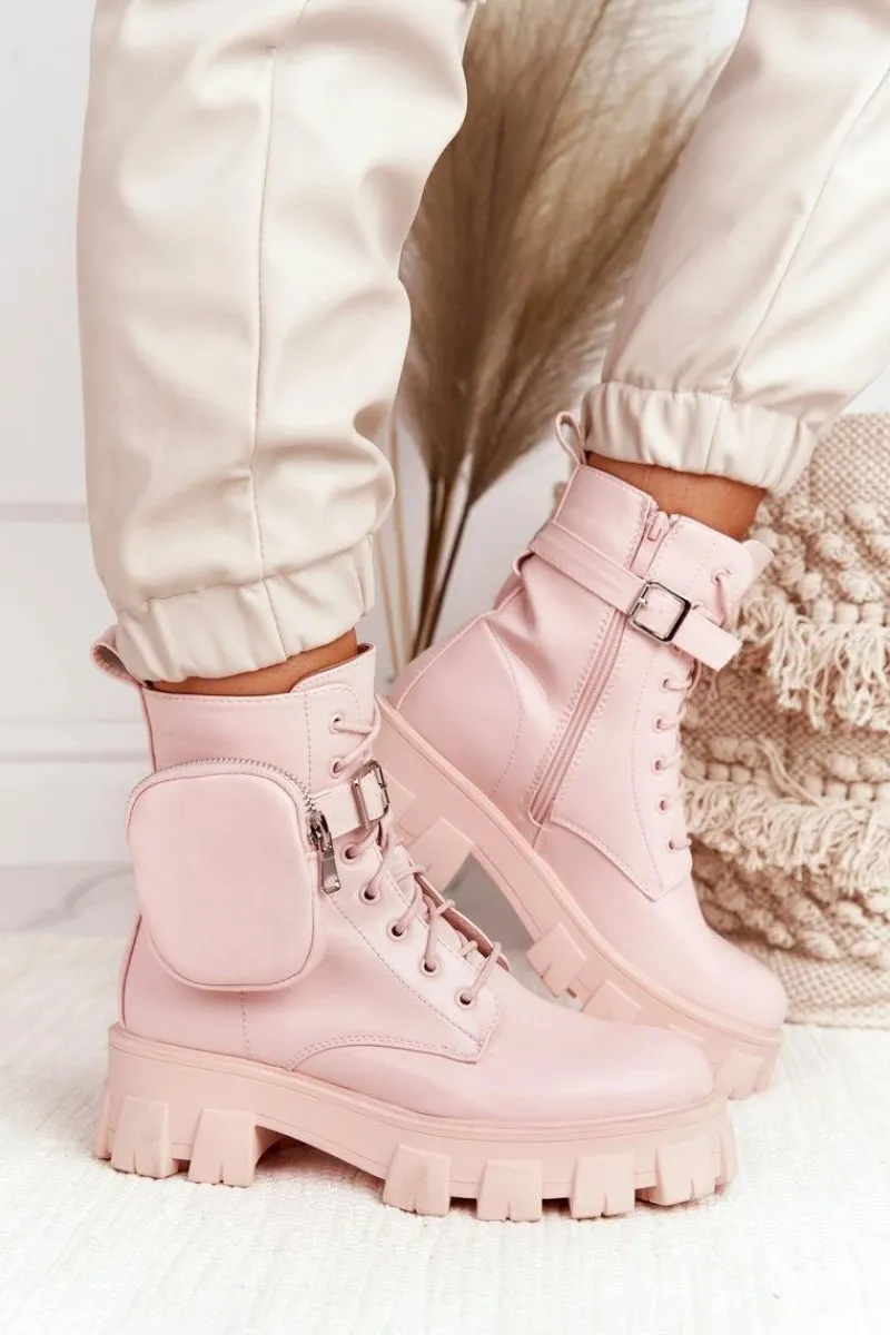 Hot Botki Workery Na Platformie z Nerką Różowe Saturday Damskie Botki Wiosenne|Damskie Trapery