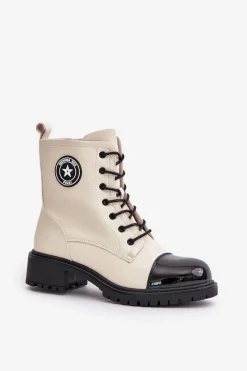 New Botki Workery Na Zamek Ocieplane Beżowo-Czarne Soratta Damskie Botki Sznurowane|Botki Płaskie