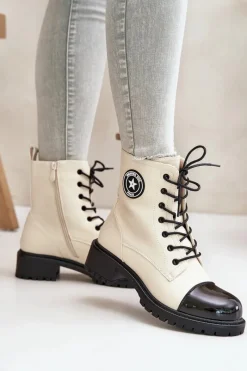 New Botki Workery Na Zamek Ocieplane Beżowo-Czarne Soratta Damskie Botki Sznurowane|Botki Płaskie