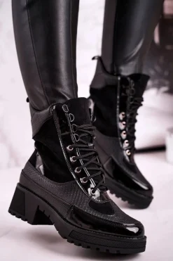 Online Botki Workery Ocieplane Czarne Print Zwierzęcy Helena Damskie Botki Sznurowane|Czarne Botki