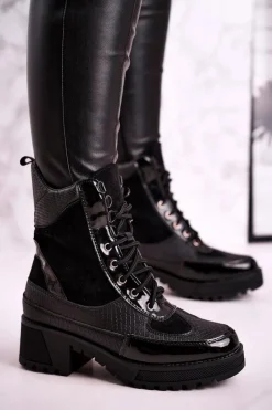 Online Botki Workery Ocieplane Czarne Print Zwierzęcy Helena Damskie Botki Sznurowane|Czarne Botki