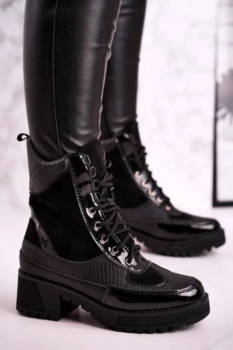 Online Botki Workery Ocieplane Czarne Print Zwierzęcy Helena Damskie Botki Sznurowane|Czarne Botki