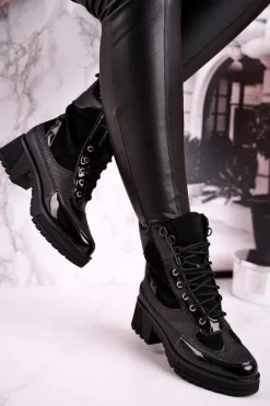 Online Botki Workery Ocieplane Czarne Print Zwierzęcy Helena Damskie Botki Sznurowane|Czarne Botki