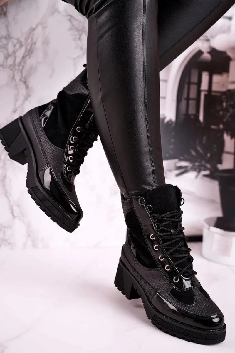 Online Botki Workery Ocieplane Czarne Print Zwierzęcy Helena Damskie Botki Sznurowane|Czarne Botki