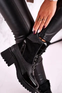 Online Botki Workery Ocieplane Czarne Print Zwierzęcy Helena Damskie Botki Sznurowane|Czarne Botki