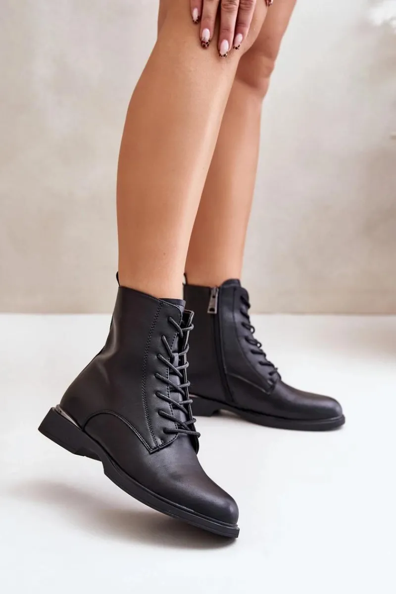 Hot Botki Workery Ocieplane Damskie Skóra Naturalna Vinceza 66691 Czarne Damskie Botki Sznurowane|Czarne Botki