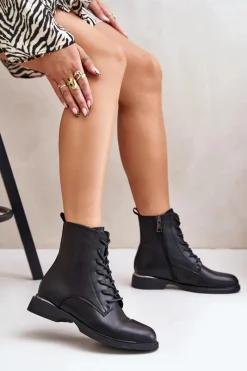 Hot Botki Workery Ocieplane Damskie Skóra Naturalna Vinceza 66691 Czarne Damskie Botki Sznurowane|Czarne Botki