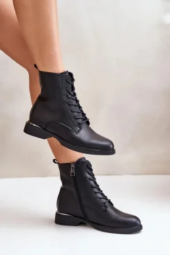 Hot Botki Workery Ocieplane Damskie Skóra Naturalna Vinceza 66691 Czarne Damskie Botki Sznurowane|Czarne Botki