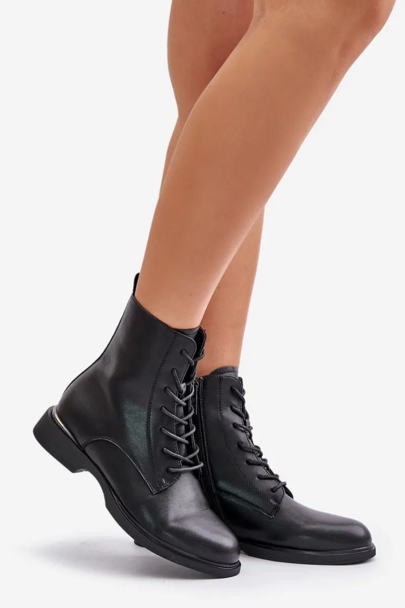 Hot Botki Workery Ocieplane Damskie Skóra Naturalna Vinceza 66691 Czarne Damskie Botki Sznurowane|Czarne Botki