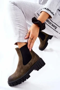 Outlet Botki Workery Trapery Ocieplane Sergio Leone TR761 Zielone Damskie Czarne Botki|Botki Zimowe Damskie