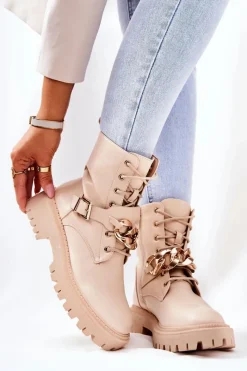 Outlet Boto Botki Workery Z Łańcuchem Beżowe Molisa