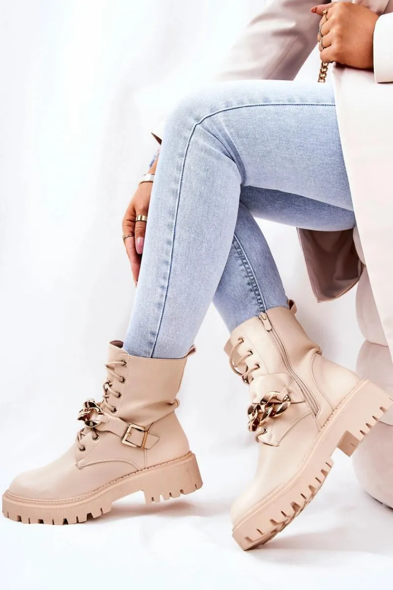 Outlet Boto Botki Workery Z Łańcuchem Beżowe Molisa