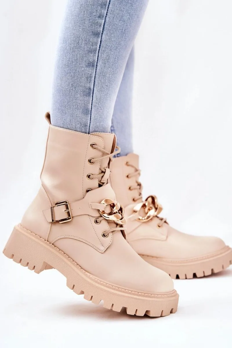 Outlet Boto Botki Workery Z Łańcuchem Beżowe Molisa