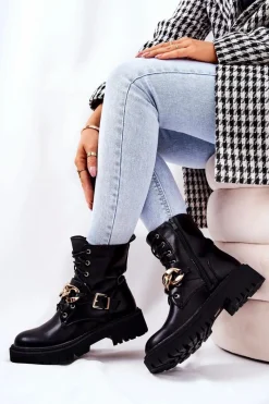 Best Botki Workery Z Łańcuchem Czarne Molisa Damskie Botki Sznurowane|Czarne Botki