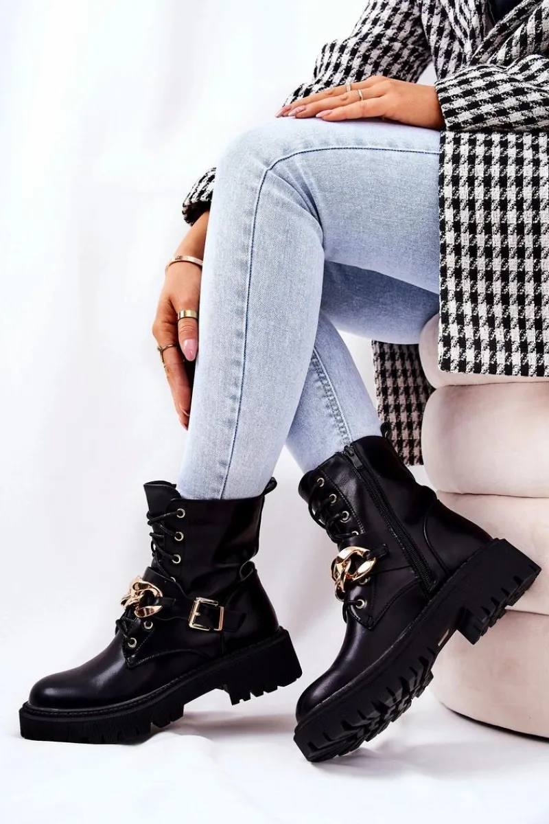 Best Botki Workery Z Łańcuchem Czarne Molisa Damskie Botki Sznurowane|Czarne Botki