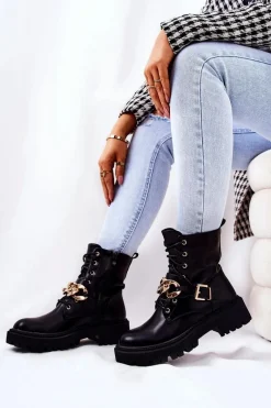 Best Botki Workery Z Łańcuchem Czarne Molisa Damskie Botki Sznurowane|Czarne Botki