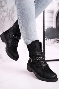 Outlet Boto Botki Workery Z Łańcuchem Zamszowe Czarne Augusta