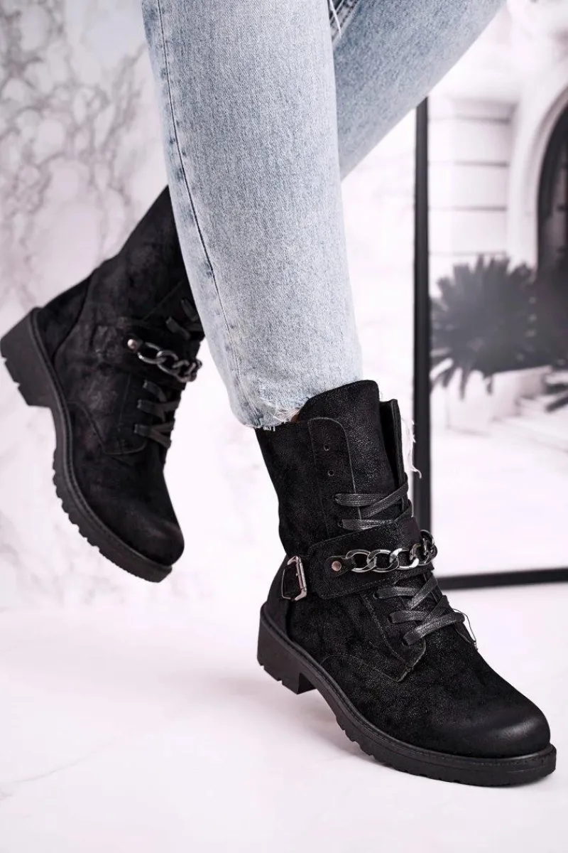 Outlet Boto Botki Workery Z Łańcuchem Zamszowe Czarne Augusta