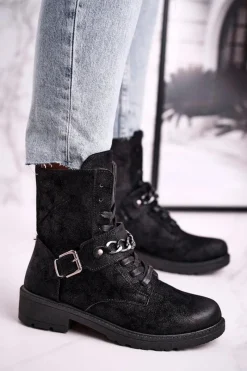 Outlet Boto Botki Workery Z Łańcuchem Zamszowe Czarne Augusta