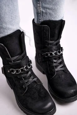 Outlet Boto Botki Workery Z Łańcuchem Zamszowe Czarne Augusta