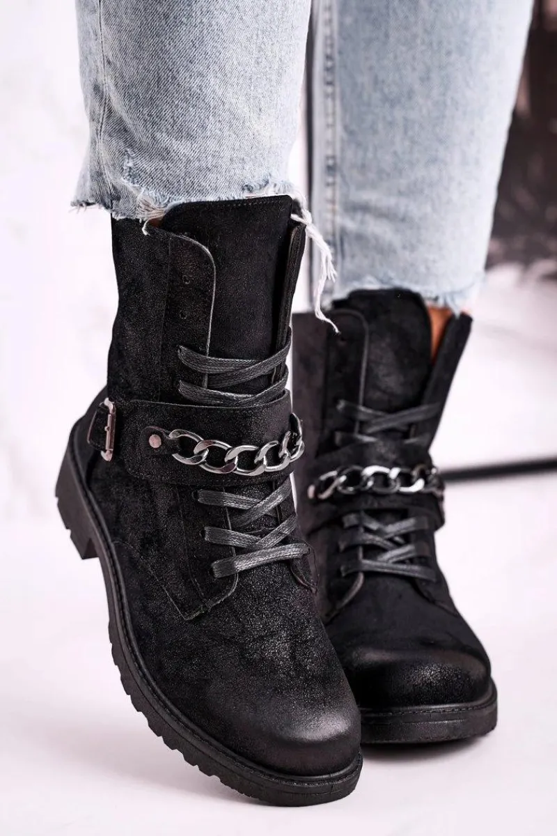 Outlet Boto Botki Workery Z Łańcuchem Zamszowe Czarne Augusta