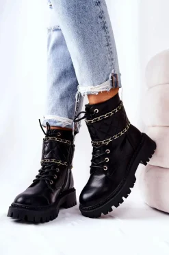 Outlet Boto Botki Workery Z Łańcuszkiem Czarne Caleanor