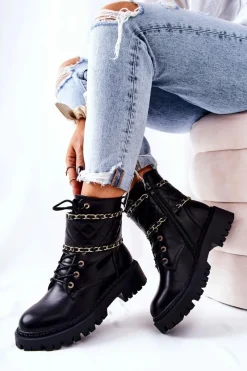 Outlet Boto Botki Workery Z Łańcuszkiem Czarne Caleanor