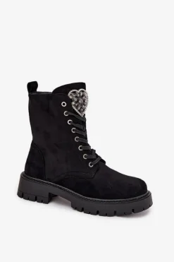 Best Boto Botki Workery Z Biżuteryjną Ozdobą Ocieplane Eko Zamszowe Czarne Miryssa Czarny