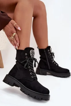 Best Boto Botki Workery Z Biżuteryjną Ozdobą Ocieplane Eko Zamszowe Czarne Miryssa Czarny