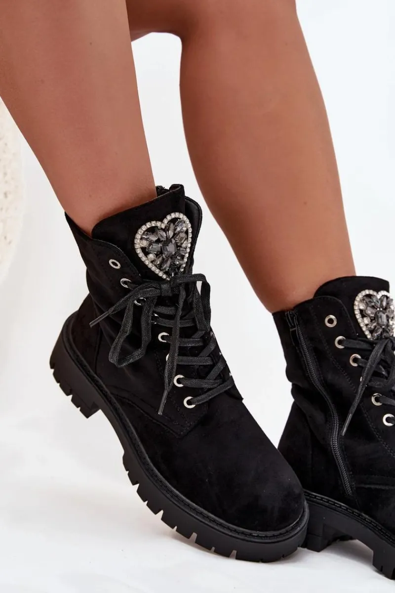 Best Boto Botki Workery Z Biżuteryjną Ozdobą Ocieplane Eko Zamszowe Czarne Miryssa Czarny