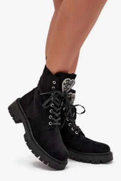 Best Boto Botki Workery Z Biżuteryjną Ozdobą Ocieplane Eko Zamszowe Czarne Miryssa Czarny