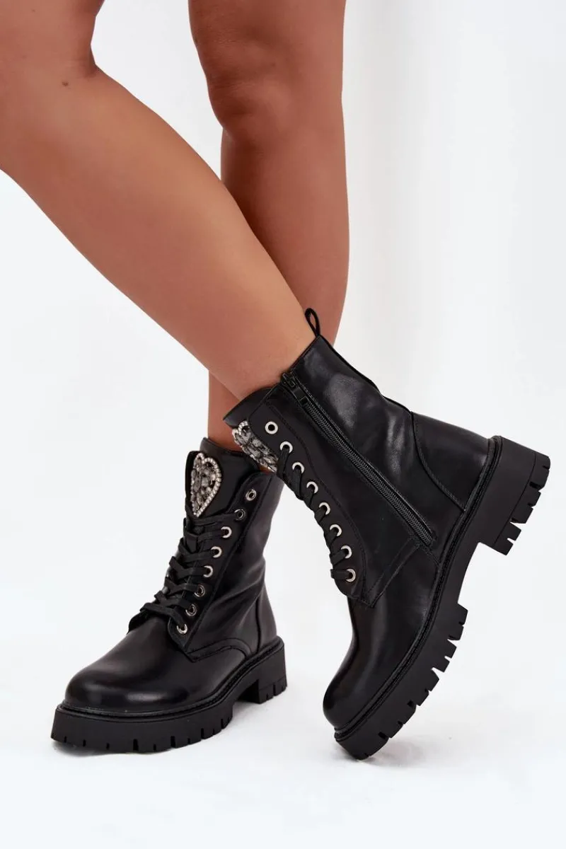 Botki Ocieplane|Botki Sznurowane>Boto Botki Workery Z Biżuteryjną Ozdobą Ocieplane Eko Skórzane Czarne Miryssa Czarny