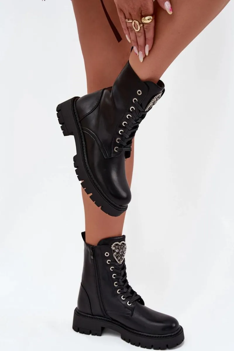 Botki Ocieplane|Botki Sznurowane>Boto Botki Workery Z Biżuteryjną Ozdobą Ocieplane Eko Skórzane Czarne Miryssa Czarny