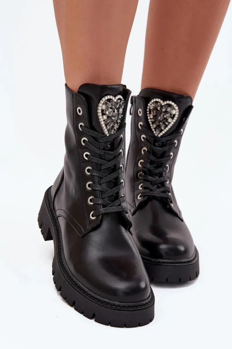 Botki Ocieplane|Botki Sznurowane>Boto Botki Workery Z Biżuteryjną Ozdobą Ocieplane Eko Skórzane Czarne Miryssa Czarny