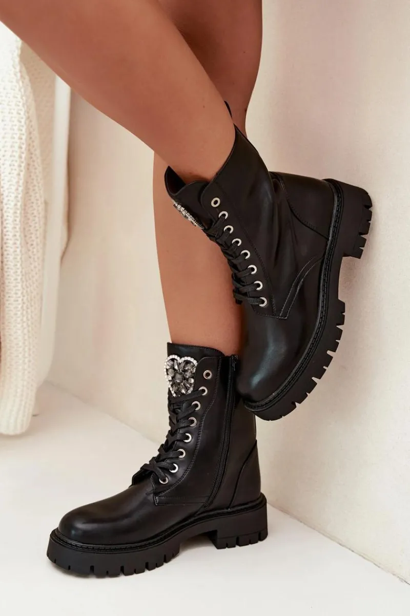 Botki Ocieplane|Botki Sznurowane>Boto Botki Workery Z Biżuteryjną Ozdobą Ocieplane Eko Skórzane Czarne Miryssa Czarny