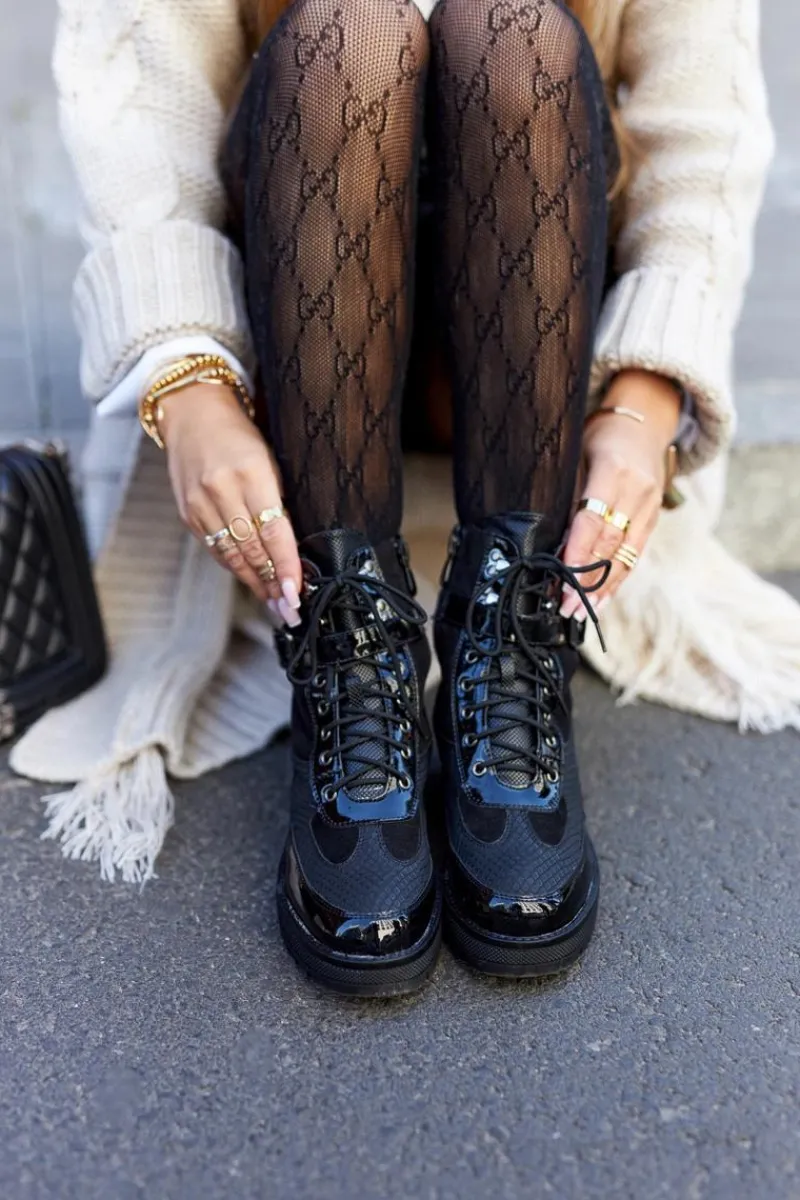 Damskie Trapery|Botki Sznurowane>Boto Botki Workery Z Klamrą Czarne Devera