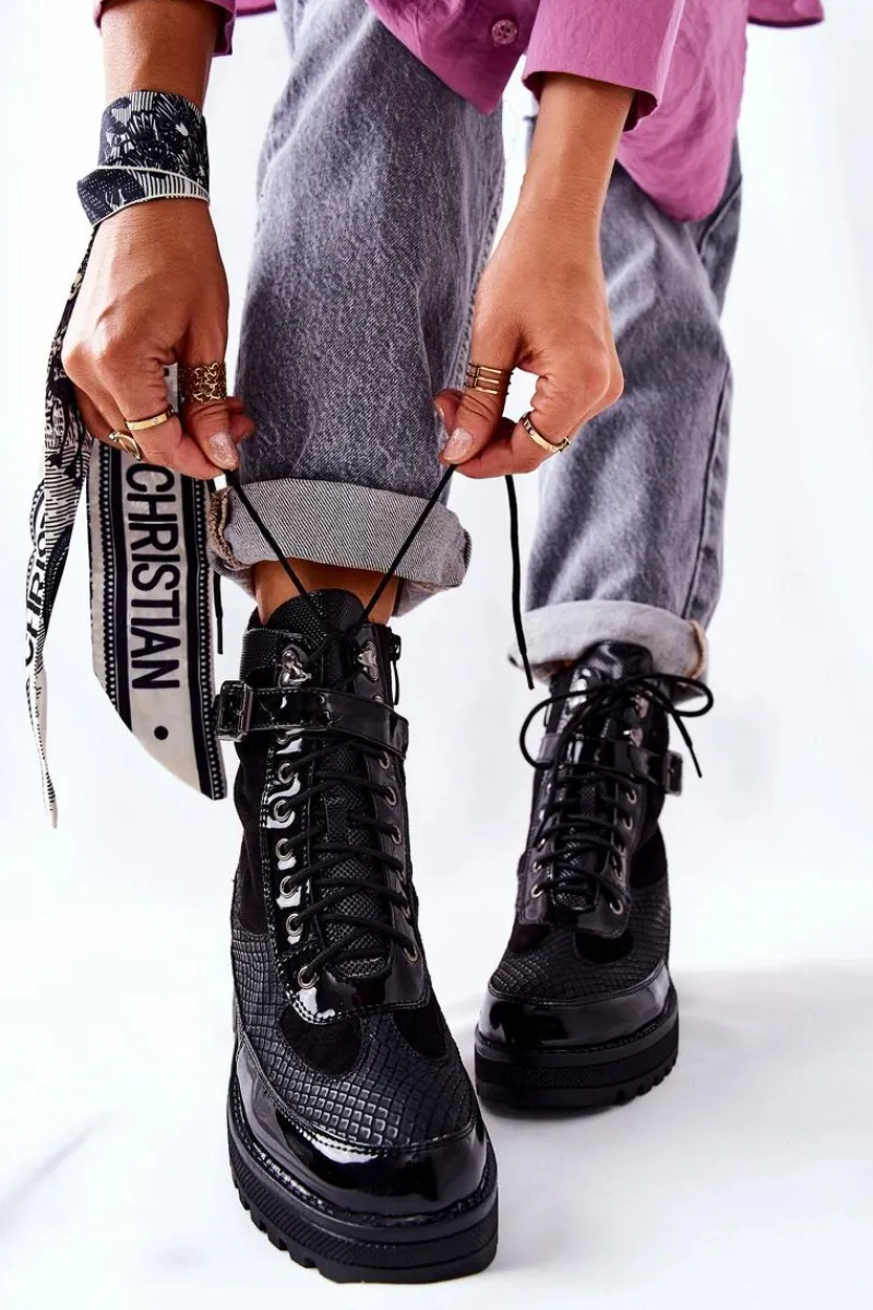 Damskie Trapery|Botki Sznurowane>Boto Botki Workery Z Klamrą Czarne Devera