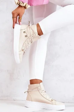 Sale Botki Wysokie Trampki Skórzane Beżowo-Białe Ashlee Damskie Trampki Damskie Wysokie|Botki Wiosenne